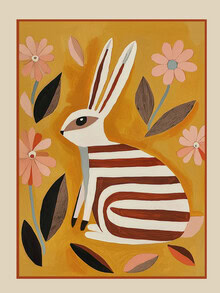 Playful illustration of a striped hare in soft colors.