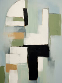 Abstract wall art featuring geometric shapes in soft colors.