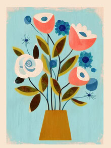 Wandbild mit farbenfrohem Stillleben von Branka Kodžoman, lebendige Blumen auf blauem Hintergrund