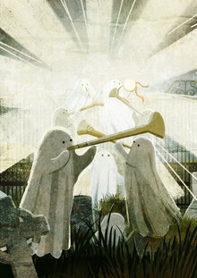 Wall art by Katherine Blower: playful ghost in a graveyard setting