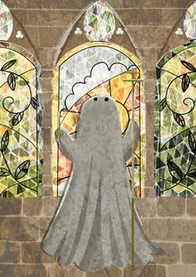 Illustration by Katherine Blower: cute little ghost in soft colors.