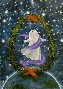 Wall art by Katherine Blower: playful little ghost in a colorful, cheerful setting