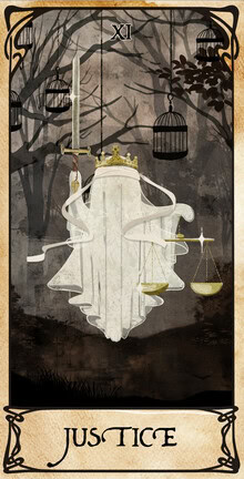 Playful illustration of a tarot card featuring a cute ghost in the foreground.