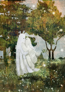 Illustration by Katherine Blower: a cute little ghost embraces another ghost.