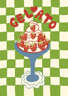 Buntes Wandbild von Jacky Eitzert: Eisbecher mit Erdbeeren und Schachbrettmuster