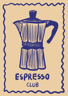 Wall art: colorful illustration of a blue espresso maker themed around coffee