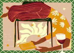 Illustration by Uma Gokhale: relaxed reader with wine and sun in the background