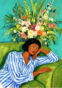 Wall art by Uma Gokhale: Woman with sleepy eyes on a sofa surrounded by flowers