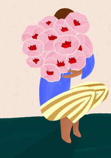 Illustration einer Frau mit Blumenstrauß, die in sanften Farben strahlt.