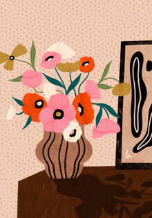 Illustration von Bea Muller: Blumen in einer Vase auf einem Sideboard