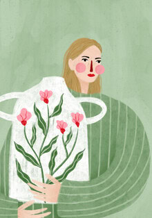 Illustration of a woman with a flower vase, soft lines and harmonious colors