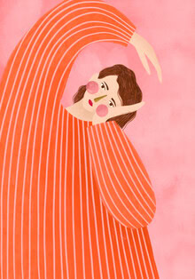 Illustration einer Frau im orangen Kleid, elegant und stilvoll, minimalistisch gestaltet.