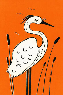 Illustration eines Silberreiher in einer ruhigen Naturszene mit Binsen im Hintergrund