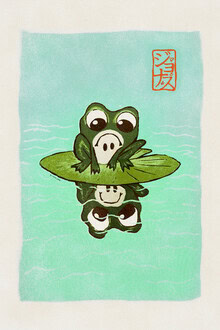 Illustration eines Frosches auf einem Seerosenblatt, verspielte und ruhige Stimmung.