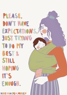 Illustration by Kirstina Termühlen: a mother trying her best, in soft colors.