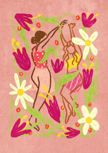 Colorful illustration by Raissa Oltmanns: dancing figures in spring among flowers.