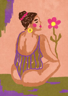 Illustration by Raissa Oltmanns: woman with flower, warm colors and imperfect shapes