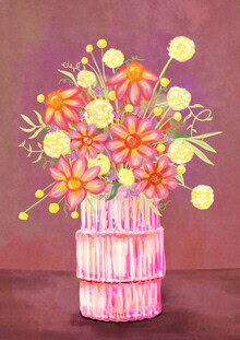 Wall art featuring a colorful vintage flower bouquet in an elegant vase.