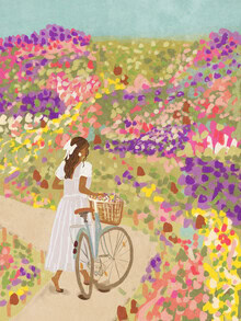 Illustration of a woman cycling through blooming meadows, pastel colors, vibrant atmosphere.