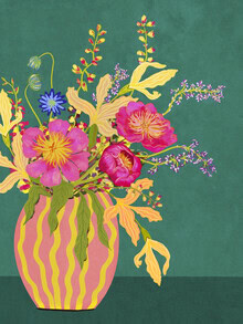 Illustration of a bouquet with peonies in a striped vase