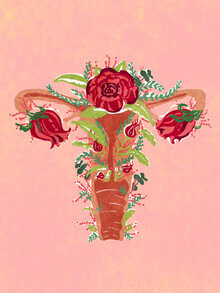 Illustration by Raissa Oltmanns: blooming uterus surrounded by roses and feminine charm