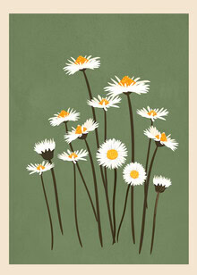 Wall art featuring delicate daisies on a green background in soft colors.