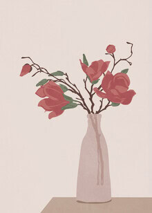 Illustration of a vase with soft roses in gentle colors, calm and elegant composition.