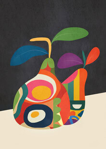 Colorful illustration of pears on a dark background, cheerful and playful.