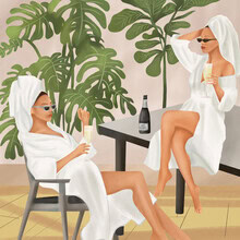 Illustration von Branka Kodžoman: Frauen genießen einen entspannten Morgen mit Sekt.