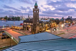 Photo art by Achim Thomae: sunset over Hamburg in the harbor