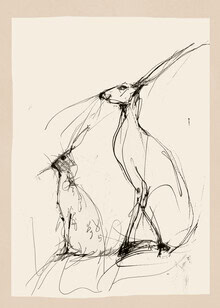 Illustration eines Hasenpaars in sanften Linien, vermittelt Ruhe und Anmut.