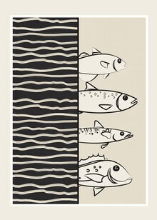 Abstrakte Illustration von Fischen auf Wellen in sanften Farben