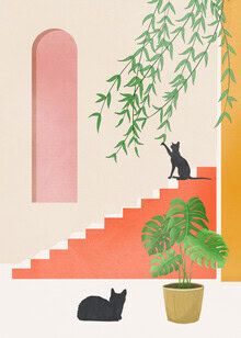 Wandbild von Branka Kodžoman: Katzen auf einer Treppe im Innenhof mit Pflanzen.