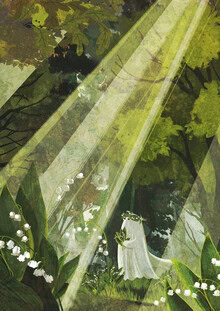 Illustration by Katherine Blower: joyful scene with flowers and trees in a forest