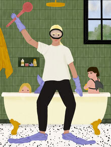 Illustration by Javiera Hernandez: humorous depiction of parents bathing children.