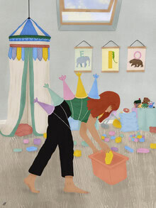 Illustration by Javiera Hernandez: a chaotic dinosaur birthday party