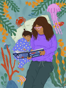 Illustration by Javiera Hernandez: a gentle mother-child scene by the sea