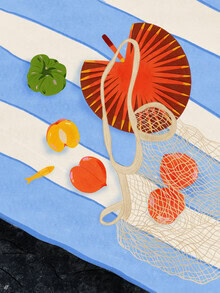 Illustration by Javiera Hernandez: cheerful beach day with peaches and the sea.