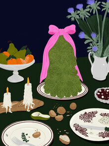 Illustration of a colorful winter feast with a festively laid table