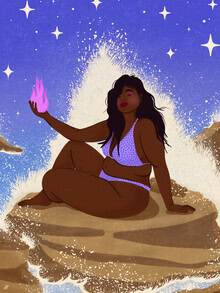 Illustration of a mermaid under a starry sky.