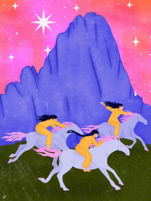 Wall art depicting a dreamy scene of women riding horses under a starry sky