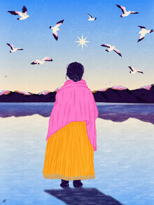 Illustration of a woman gazing into the distance, featuring vibrant colors and Andean landscape
