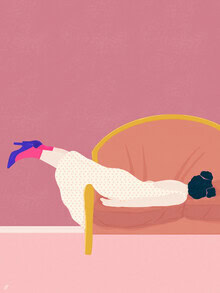 Colorful illustration by Javiera Hernandez: relaxed mother on a couch
