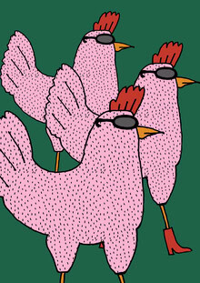 Illustration by Xenia Strohmeyer: colorful chickens playfully arranged.