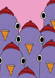 Wall art by Xenia Strohmeyer: colorful, funny pigeons in a naive style