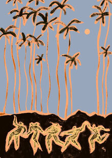 Illustration von Arty Guava: tanzende Figuren in warmen Farben, verträumte Naturdarstellung