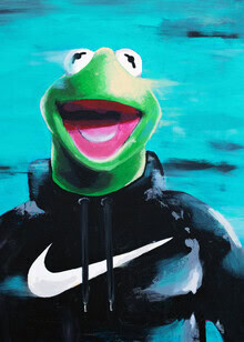Wall art featuring a cheerful Kermit, conveying a sense of joy and lightness.