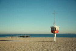 Photo art by Oliver Buchmann: beach landscape with lifeguard tower and calm sea
