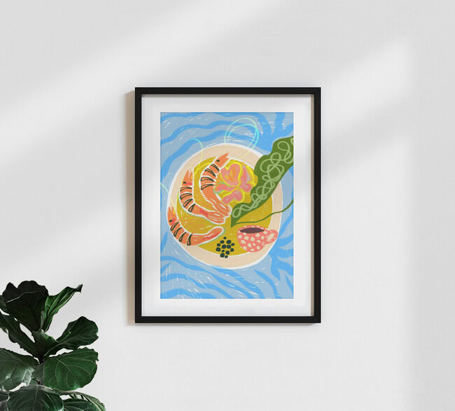 Langostinos tigre | Plato de mariscos con camarones – Arte mural de Uma Gokhale en formato póster o impresión en acrílico