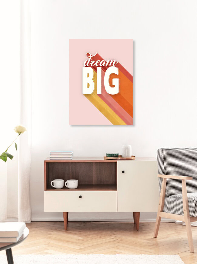 « Dream Big Retro Typography – Bold Motivational Quote » – Art mural d'Ania Więcław, affiche ou impression sur verre acrylique